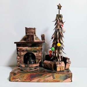 Mid Century Tin Copper Music Box Spinning Tree Fireplace Christmas Sculpture